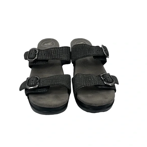 Dansko Sophie Pewter Black Leather Chunk Heel Slide Sandals Size 38 Women's - Picture 3 of 9